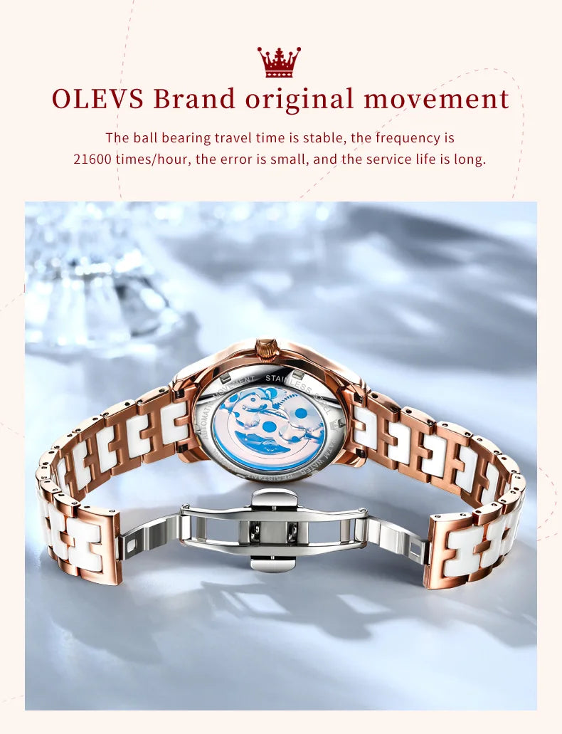 OLEVS 6615 Hollow Dress Mechanical Watch For Women Butterfly Dial Luminous Fashion Wristwatch Deep Waterproof Woman Watches Brief Boxers