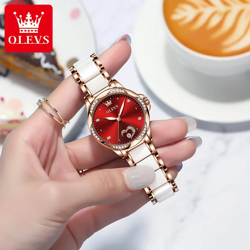 OLEVS 6631 Luxury Date Mechanical Watch For Women Original Ceramic Steel Strap Woman Wristwatch Deep Waterproof Dress Watches Brief Boxers