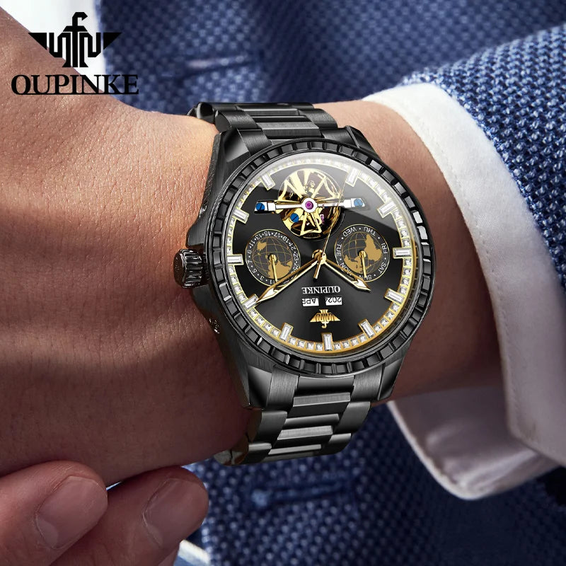 OUPINKE 3280 Hollow Skeleton Mechanical Men Watch Luxury Fashion Auto Date Watch For Men Deep Waterproof Business Man Wristwatch Brief Boxers