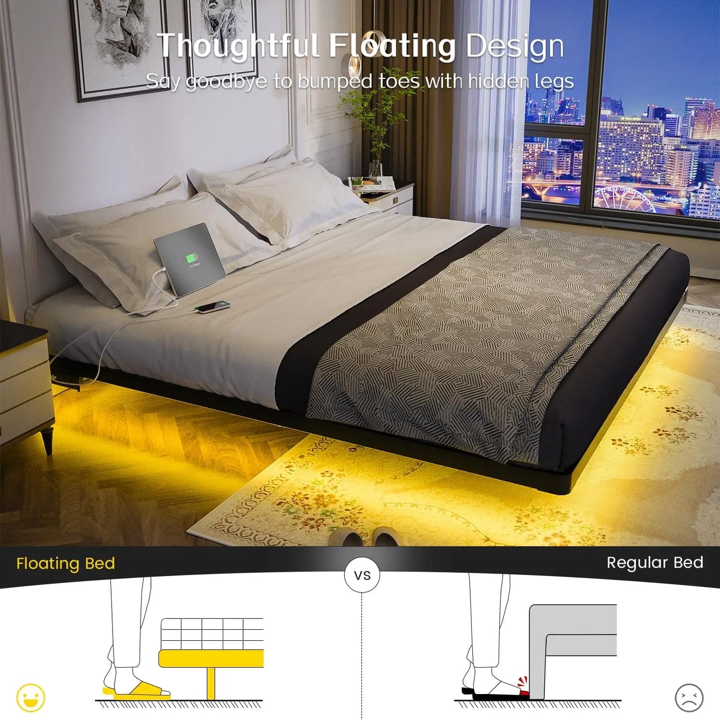 Floating Bed Frame Queen Size with Smart LED Lights and Charging Station - Modern Metal Platform Bed, Easy Assembly