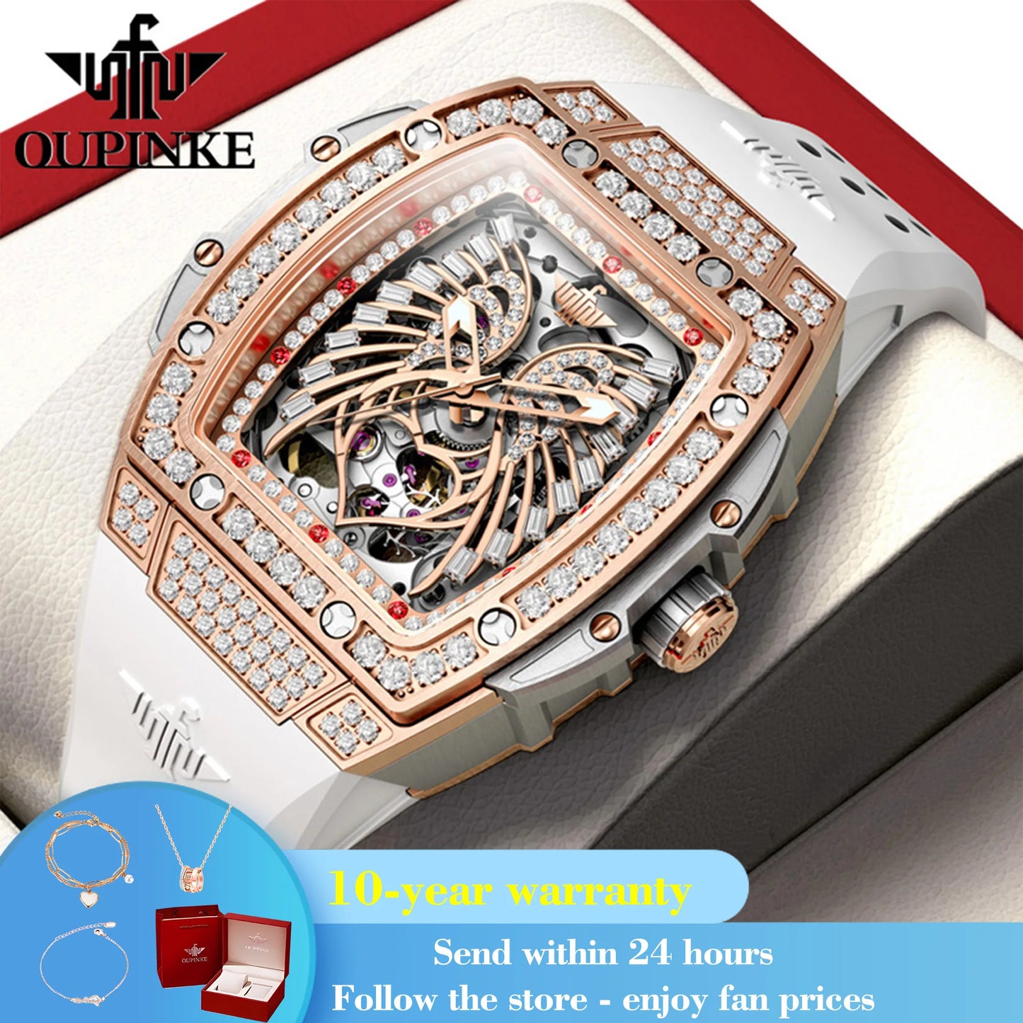 OUPINKE 3225 Top Brand Skeleton Mechanical Watch For Women Diamond Luxury Deep Waterproof Wristwatch Big Dial Fashion Watches Brief Boxers