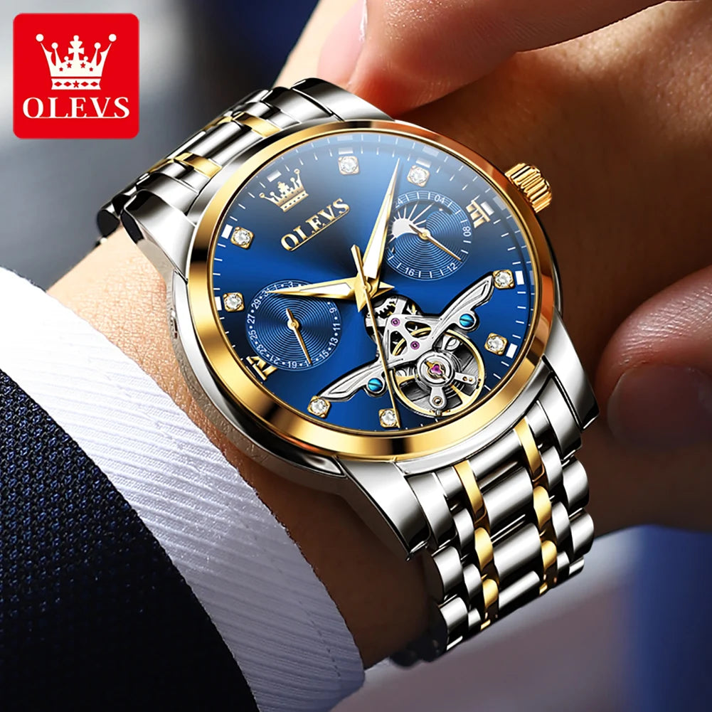 OLEVS 6703 Diamond Scale Luxury Mechanical Man Wristwatch Hollow Skeleton Luminous Waterproof Watch For Men Moon Phase Watches Brief Boxers