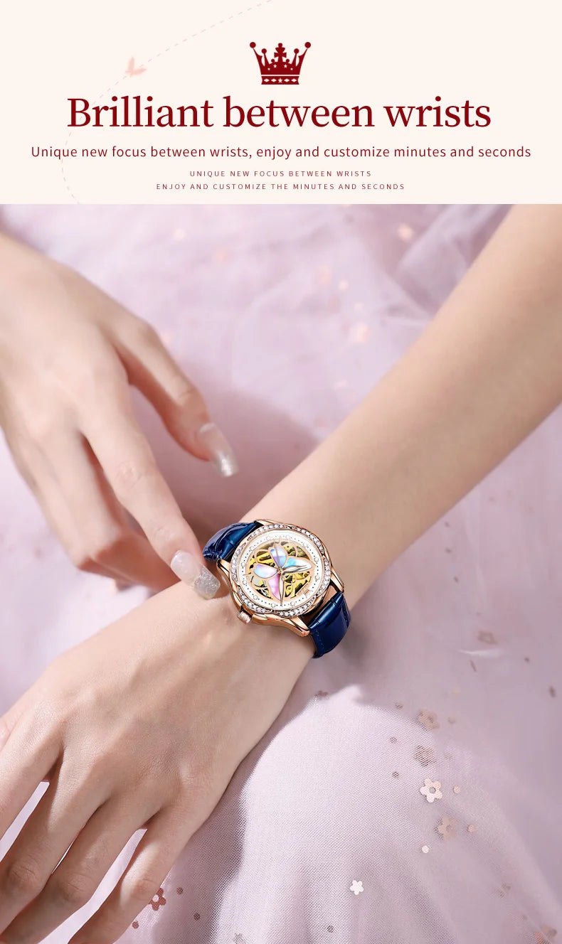 OLEVS 6615 Hollow Dress Mechanical Watch For Women Butterfly Dial Luminous Fashion Wristwatch Deep Waterproof Woman Watches Brief Boxers