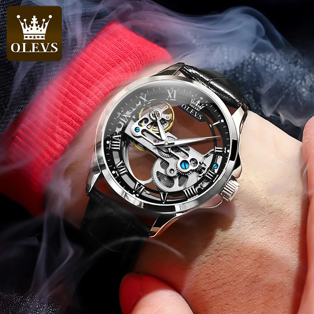 OLEVS 6661 Top Brand Automatic Mechanical Watch For Men Hollow Skeleton Roman Scale Man Watches Waterproof Business Wrist Watch Brief Boxers