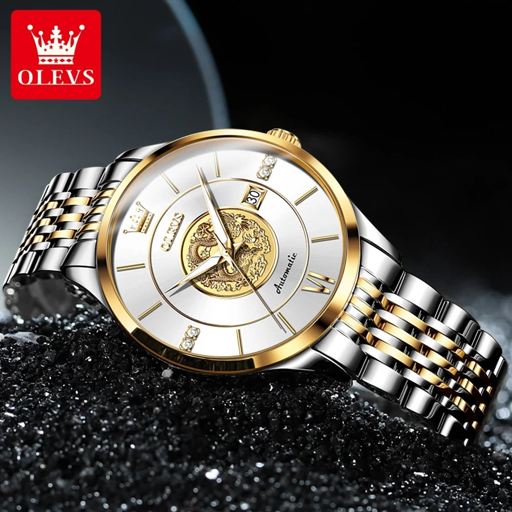 OLEVS 6693 Top Brand Dragon Mechanical Watch For Men Waterproof Automatic Dress Wrist Watches 42.5mm Big Dial Calendar Man Watch Brief Boxers