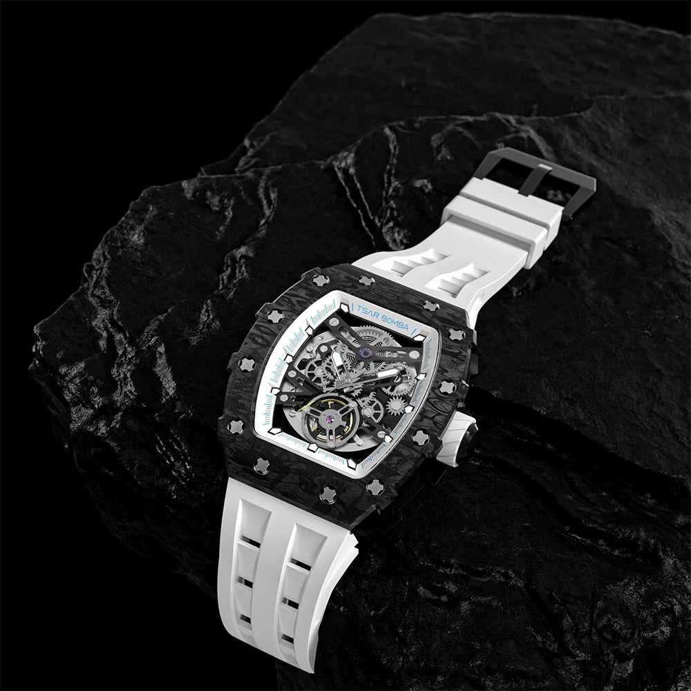 TSAR BOMBA 2022 Luxury Mens Automatic Watch Waterproof Carbon Fiber Clock Tonneau Skeleton Mechanical Wrist Watch for Men Brief Boxers