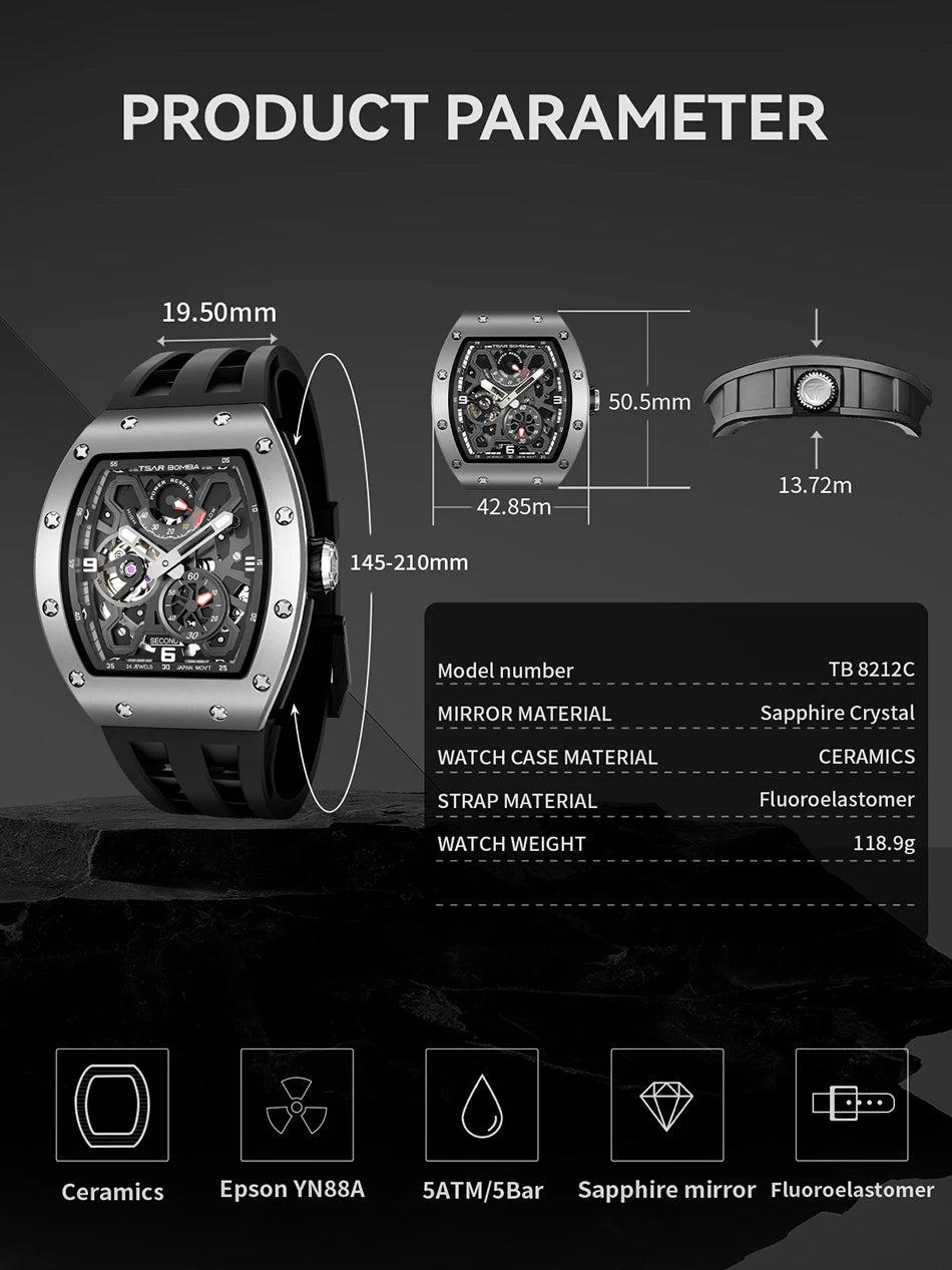 TSAR BOMBA Ceramics Mens Watch TB-8212 Luxury Automatic Mechanical Wrist watch for Men Brief Boxers