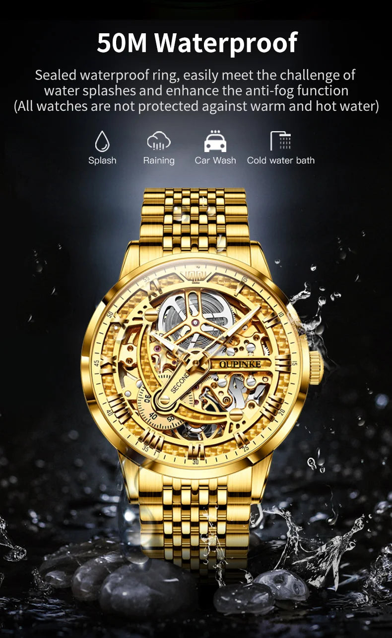 OUPINKE 3173 Luxury Gold Mechanical Watch For Men Hollow Top Brand Original Automatic Wristwatch 50M Waterproof Luminous Watches Brief Boxers