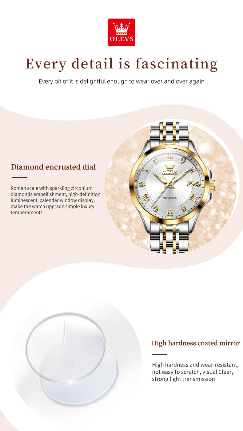 OLEVS 6702 Fashion Elegant Woman Mechanical Wristwatch Roman Scale Luminous Waterproof Watch For Woman Calendar Luxury Watches Brief Boxers