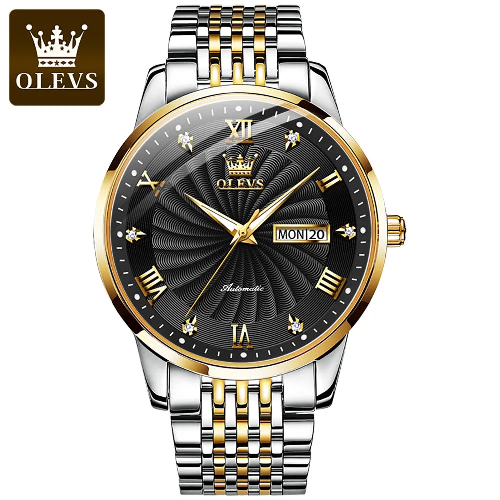 OLEVS 6630 Fashion Business Mechanical Watch For Men Dual Calendar Luminous Wristwatch Roman Scale Deep Waterproof Man Watches Brief Boxers