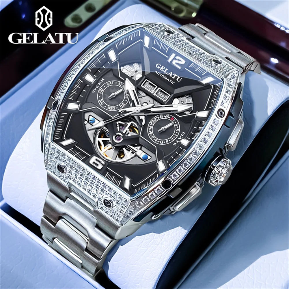 GELATU 6016 Business Mechanical Man Wristwatch Tonneau Big Dial Deep Waterproof Watch For Men Luminous Auto Date Hollow Watches Brief Boxers