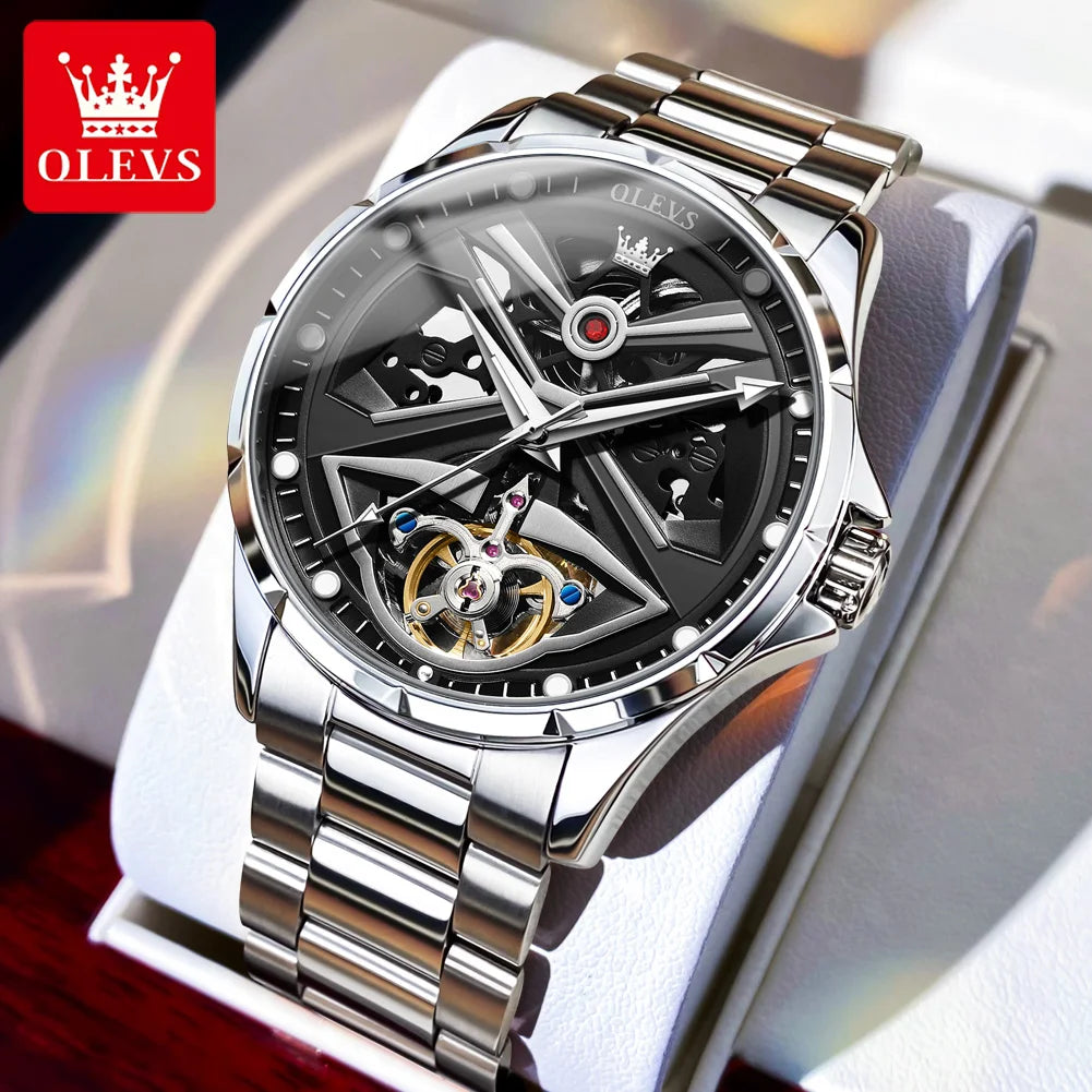 OLEVS 6655 Original Hollow Fashion Mechanical Watch For Men 42mm Big Dial Automatic Wristwatch Waterproof Luminous Dress Watches Brief Boxers