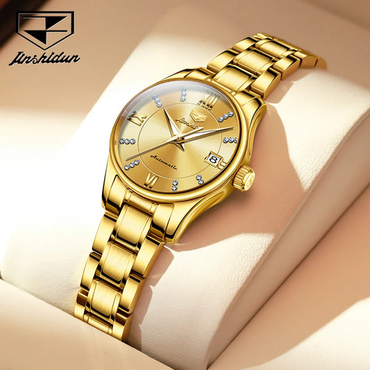 JSDUN 8933 Diamond Scale Mechanical Watch For Women Auto Date 50M Waterproof Wristwatch Stainless Steel Original Woman Watches Brief Boxers