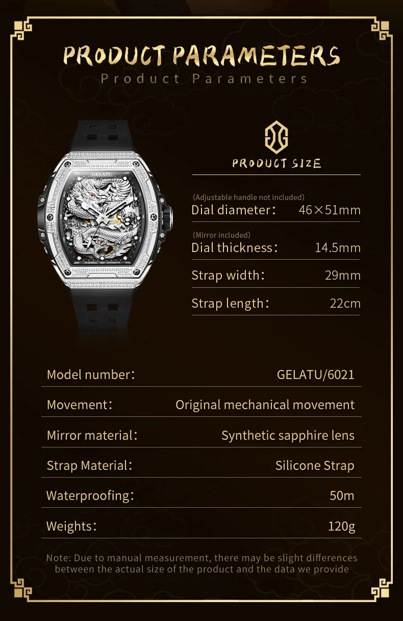 GELATU 6021 Hollow Dragon Luxury Mechanical Watch For Men Big Dial Automatic Wristwatch Deep Waterproof Luminous Man Watches Brief Boxers