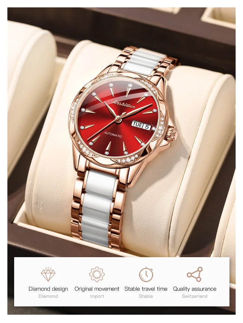 JSDUN 8821 Dual Calendar Mechanical Watch For Women Ceramic Steel Strap Luxury Wristwatch Sapphire Mirror Waterproof Woman Watch Brief Boxers