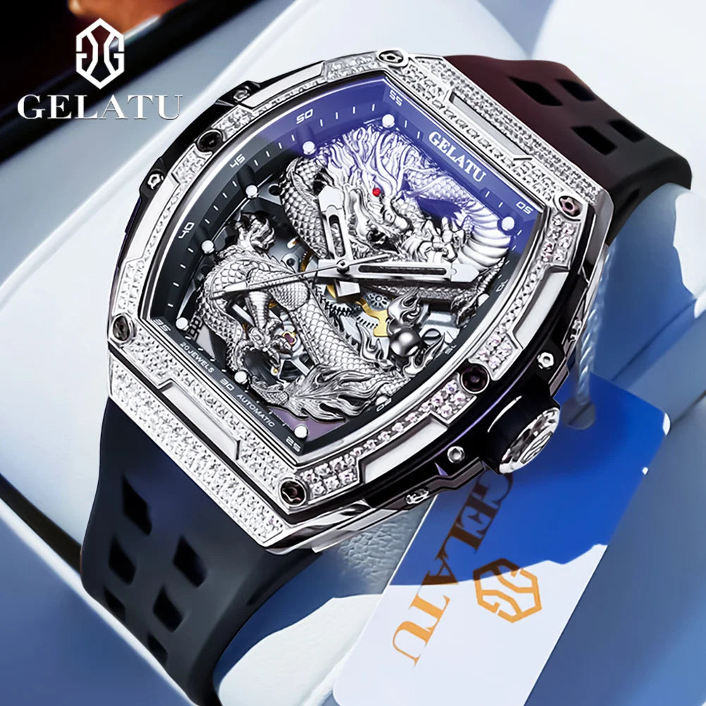 GELATU 6021 Hollow Dragon Luxury Mechanical Watch For Men Big Dial Automatic Wristwatch Deep Waterproof Luminous Man Watches Brief Boxers