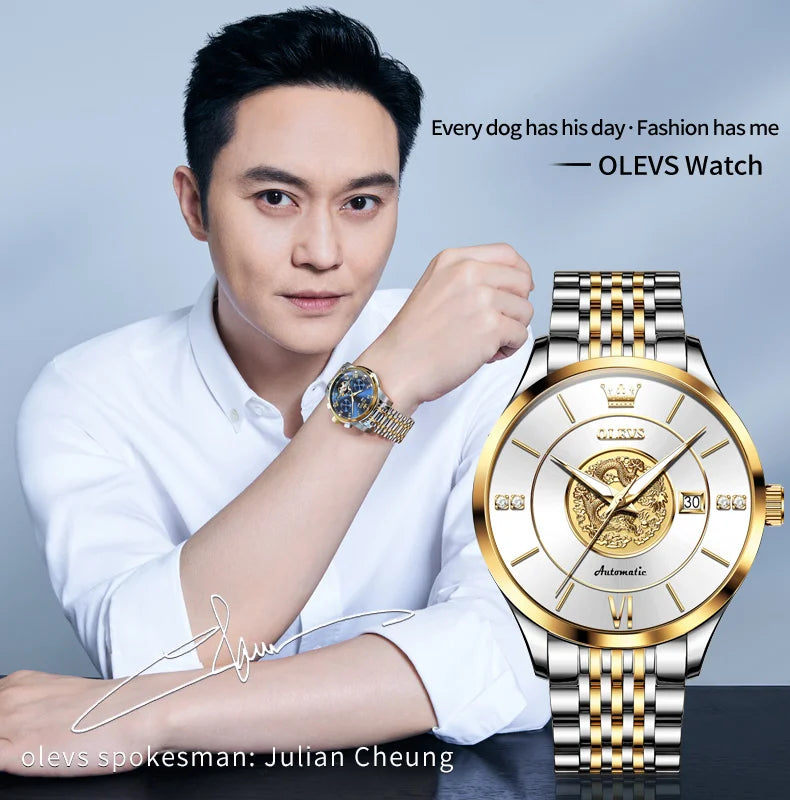 OLEVS 6693 Top Brand Dragon Mechanical Watch For Men Waterproof Automatic Dress Wrist Watches 42.5mm Big Dial Calendar Man Watch Brief Boxers