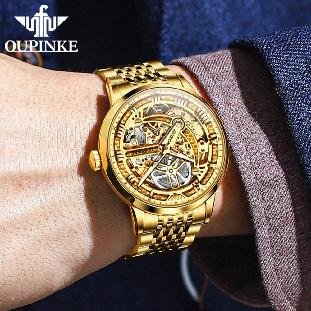 OUPINKE 3173 Luxury Gold Mechanical Watch For Men Hollow Top Brand Original Automatic Wristwatch 50M Waterproof Luminous Watches Brief Boxers