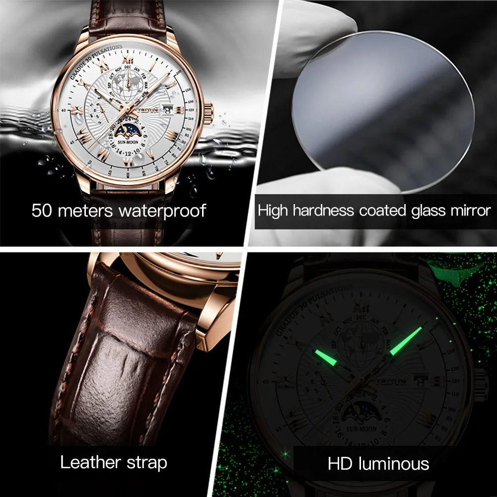 JSDUN 8909 Top Brand Mechanical Watch For Men 24 Hours Display Original Wristwatch Moon Phase Waterproof Classic Man Watches Brief Boxers