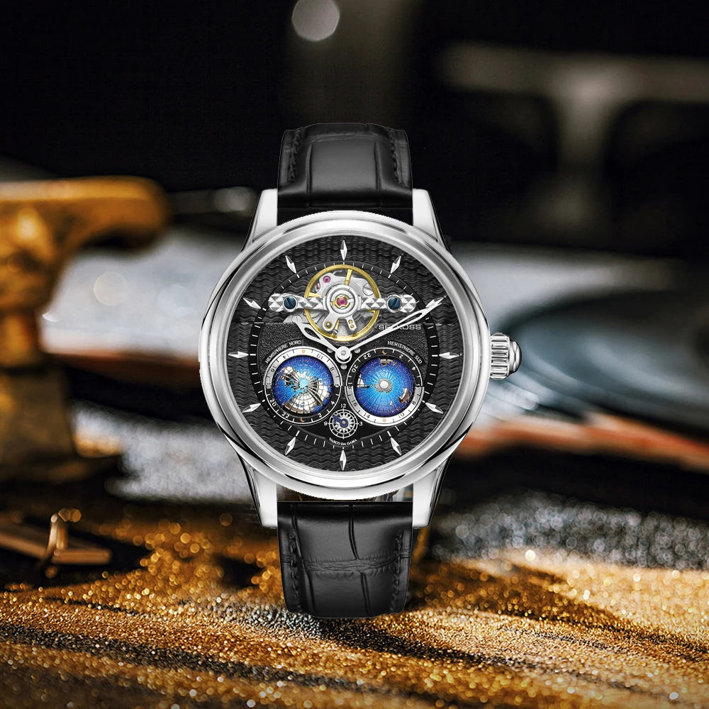 SEAKOSS 3D Luxury Double Earth Rotating Men's Mechanical Watch Automatic Movement Waterproof Clock Pilots Men 1963 Watches