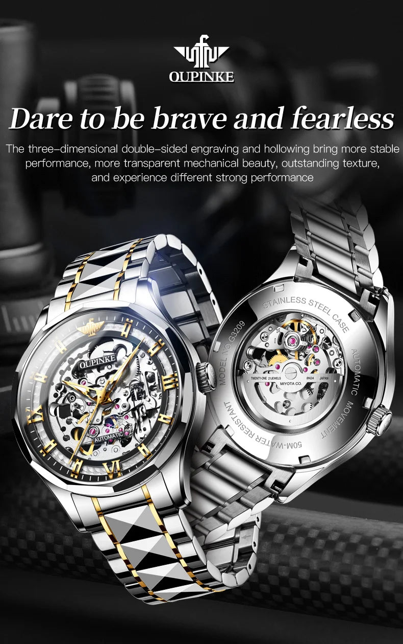 OUPINKE 3209 Deep Waterproof Mechanical Watch For Men Hollow Skeleton Luminous Fashion Wristwatch Roman Scale Business Man Watch Brief Boxers