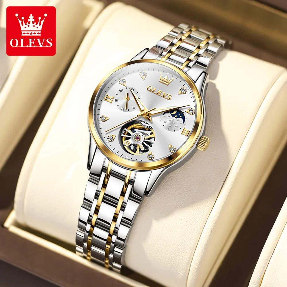 OLEVS 6608 Moonswatch Mechanical Watch For Women Hollow Original Diamond Luxury Wristwatch Waterproof Top Brand Woman Watches Brief Boxers