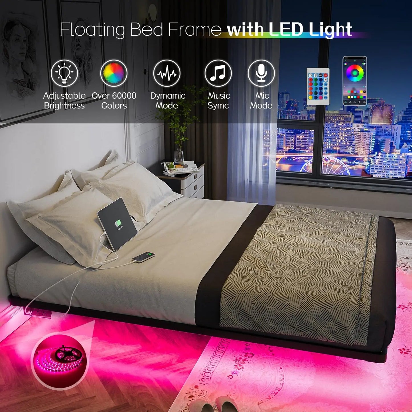 Floating Bed Frame Queen Size with Smart LED Lights and Charging Station - Modern Metal Platform Bed, Easy Assembly