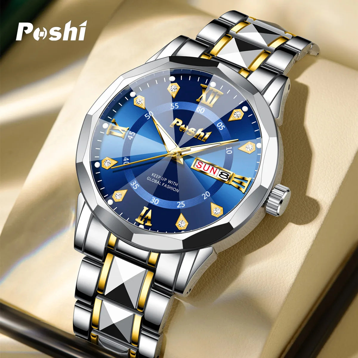 POSHI Men's Watch Date Week Fashion Watch Men Original Waterproof Non-mechanical Luminous Dual Calendar Quartz Wristwatch Brief Boxers