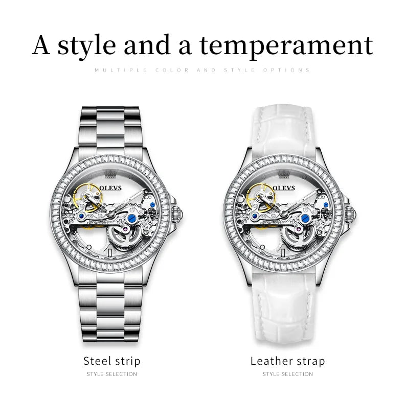 OLEVS 6699 Luxury Original Mechanical Watch For Women Hollow Skeleton Top Brand Wristwatch Waterproof Fashion Woman Watches 2024 Brief Boxers