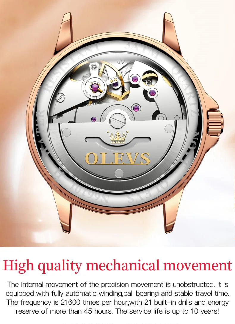 OLEVS 6610 Fashion Top Brand Mechanical Watch For Women Auto Date Ceramic Steel Strap Wristwatch Waterproof Luminous Woman Watch Brief Boxers