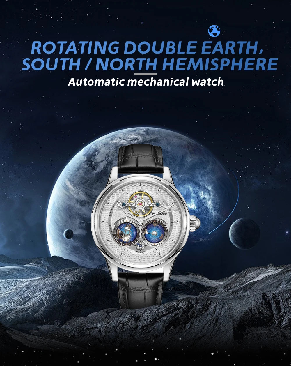 SEAKOSS 3D Luxury Double Earth Rotating Men's Mechanical Watch Automatic Movement Waterproof Clock Pilots Men 1963 Watches