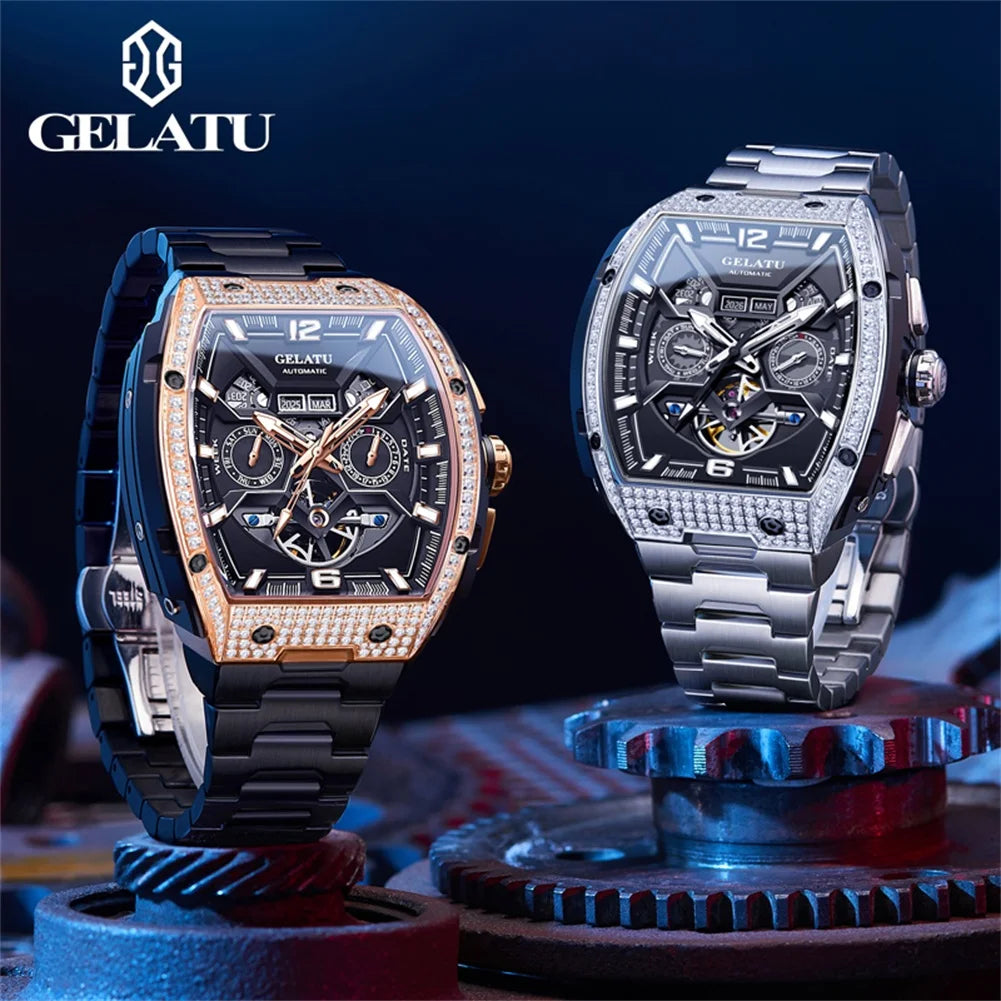 GELATU 6016 Business Mechanical Man Wristwatch Tonneau Big Dial Deep Waterproof Watch For Men Luminous Auto Date Hollow Watches Brief Boxers