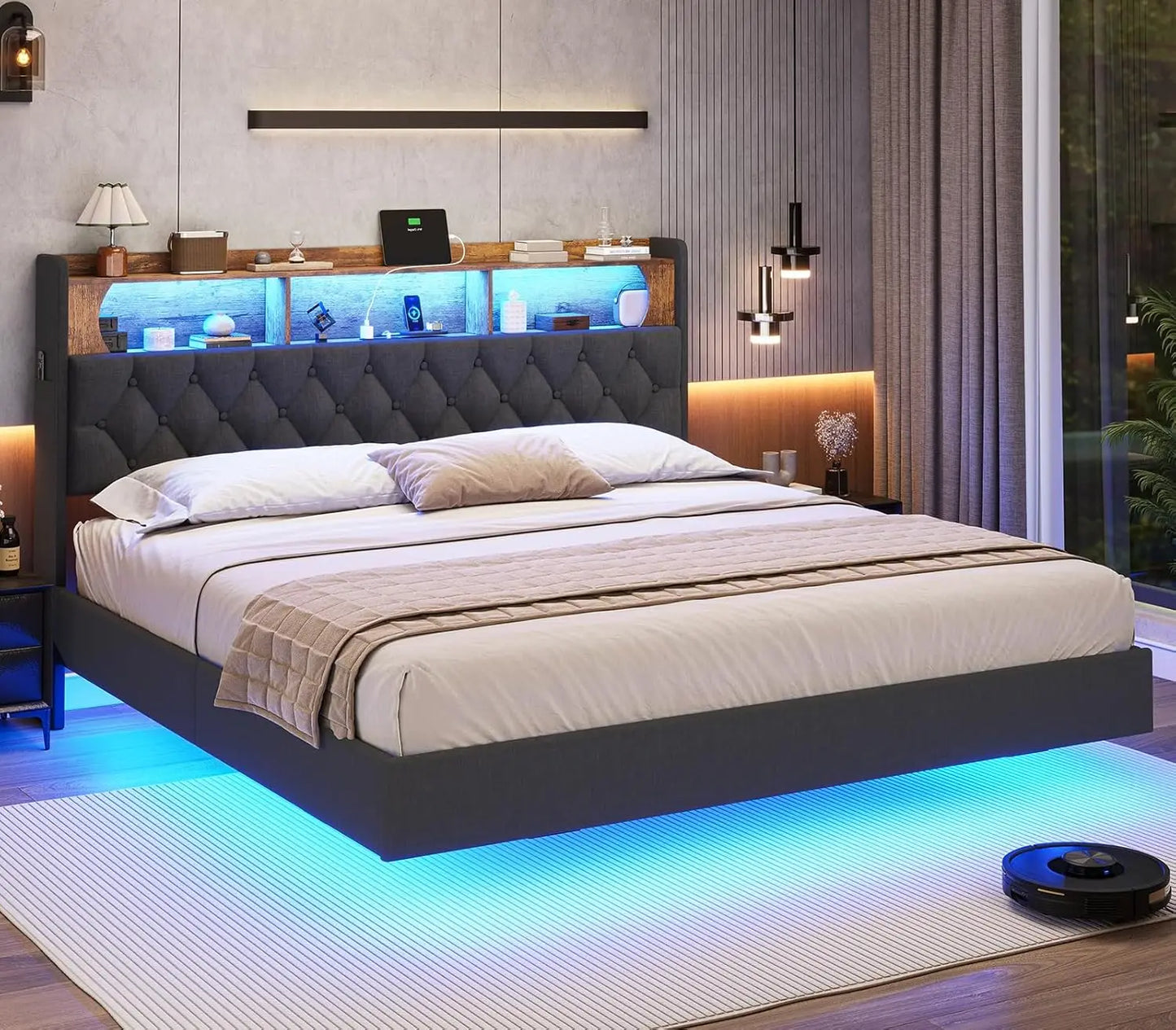 Floating Bed Frame, Floating Platform Bed with Charging Station with LED Lights & Storage Headboard, Modern LED Floating Bed