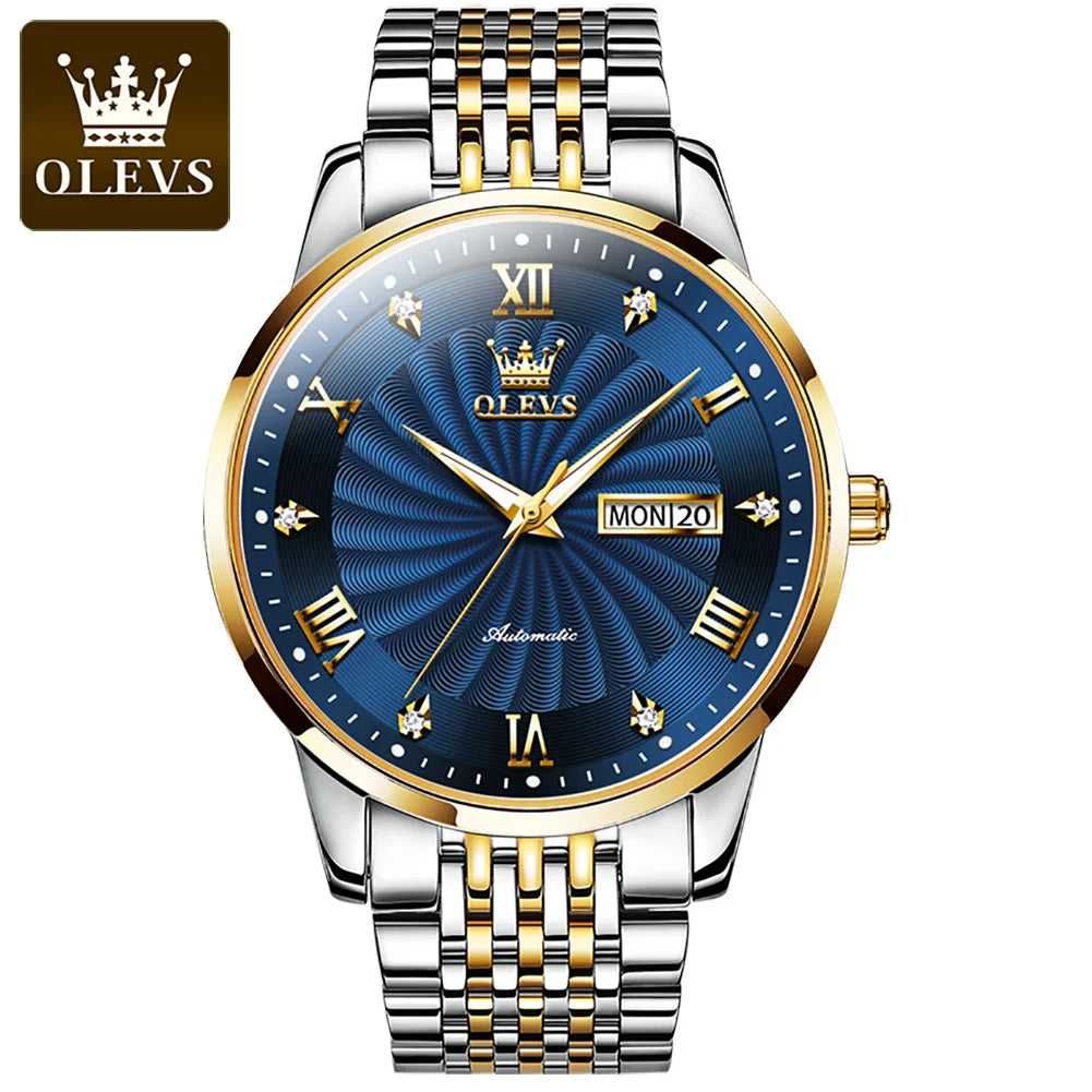 OLEVS 6630 Fashion Business Mechanical Watch For Men Dual Calendar Luminous Wristwatch Roman Scale Deep Waterproof Man Watches Brief Boxers