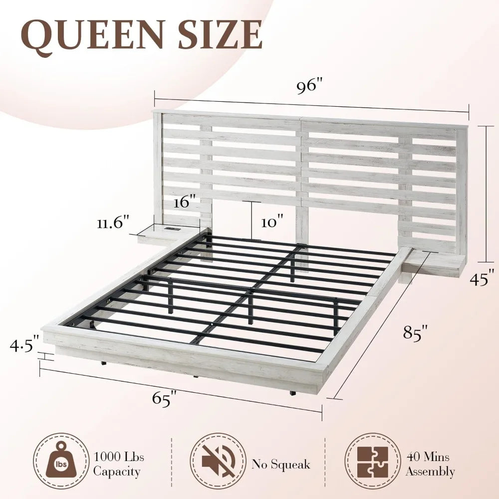 Queen Size Floating Bed Frame with LED Light & Charging Station, Wooden Platform Bed with Extended Headboard & Nightstands