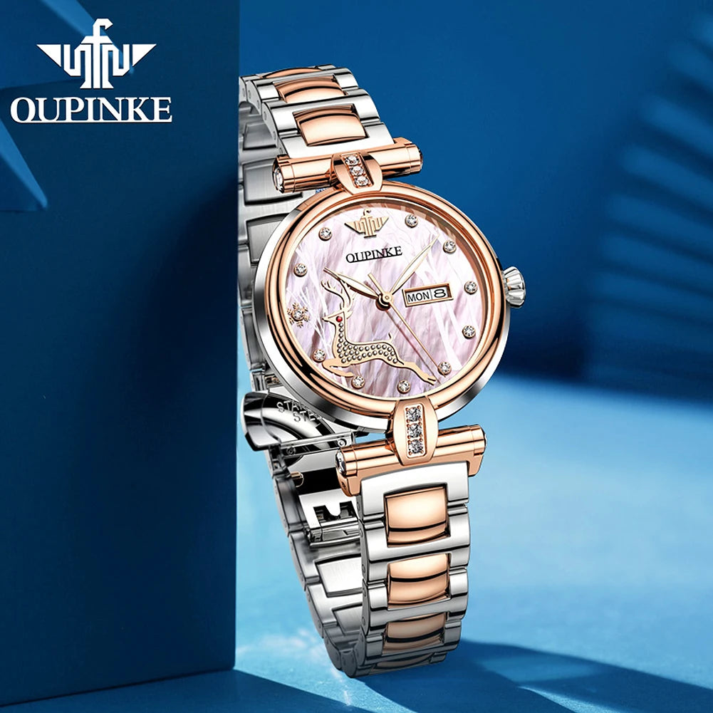 OUPINKE 3180 Automatic Mechanical Watch For Women Top Brand Luxury Dual Calendar Ladies Wristwatch 50M Waterproof  Dress Watches Brief Boxers