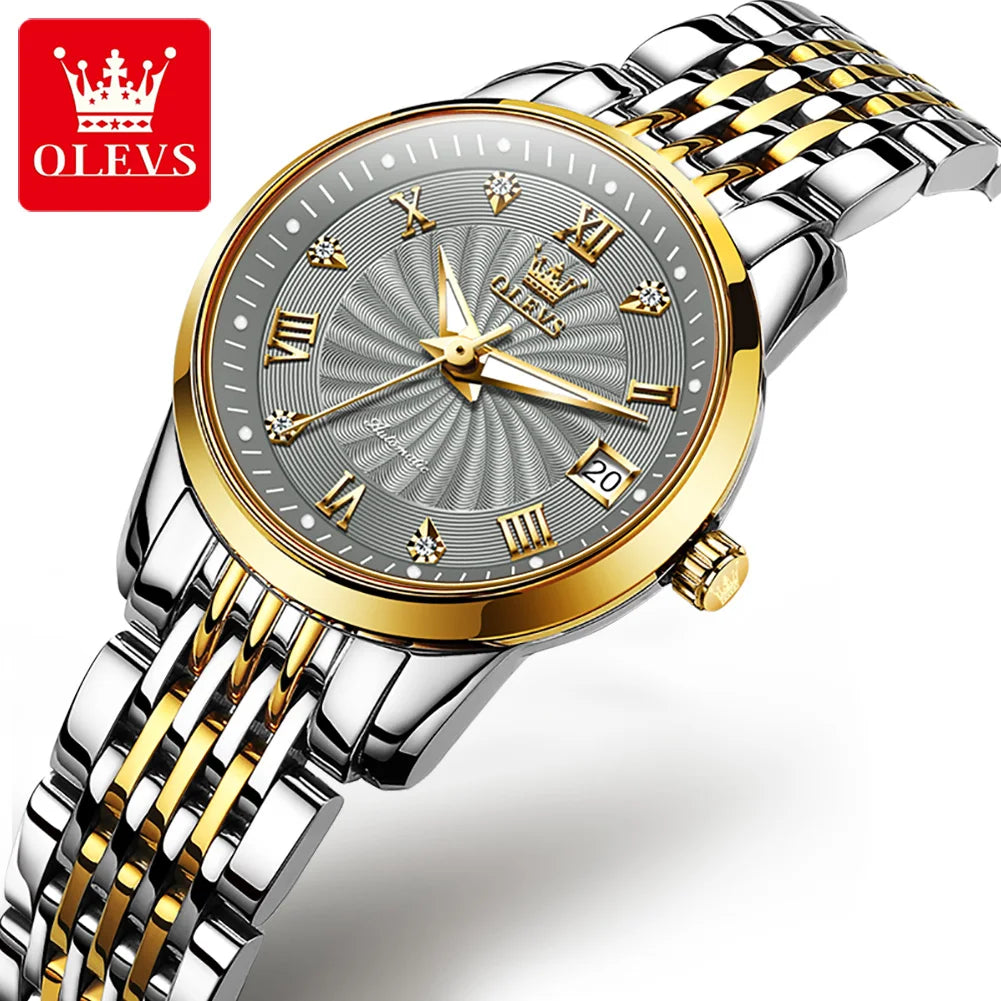 OLEVS 6630 Auto Date Mechanical Watch For Women Stainless Steel Luminous Fashion Wristwatch Roman Scale Waterproof Woman Watches Brief Boxers