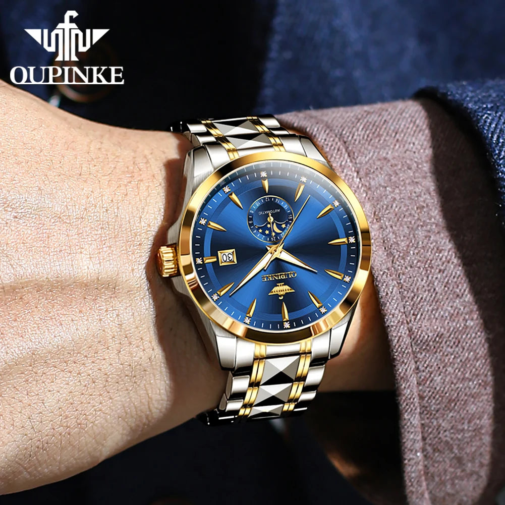 OUPINKE 3292 Fashion Moon Phase Men Automatic Watch 50M Deep Waterproof Mechanical Watch For Men Date Business Man Wristwatch Brief Boxers