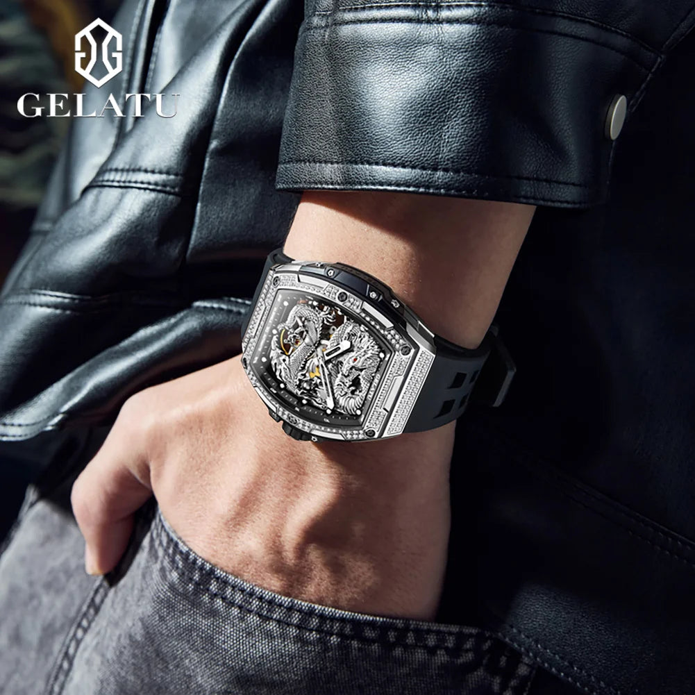 GELATU 6021 Hollow Dragon Luxury Mechanical Watch For Men Big Dial Automatic Wristwatch Deep Waterproof Luminous Man Watches Brief Boxers