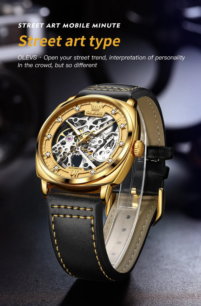 OLEVS 6651 Classic Automatic Mechanical Watch For Men Hollow Skeleton Luxury Leather Wrist Watches Waterproof Luminous Man Watch Brief Boxers