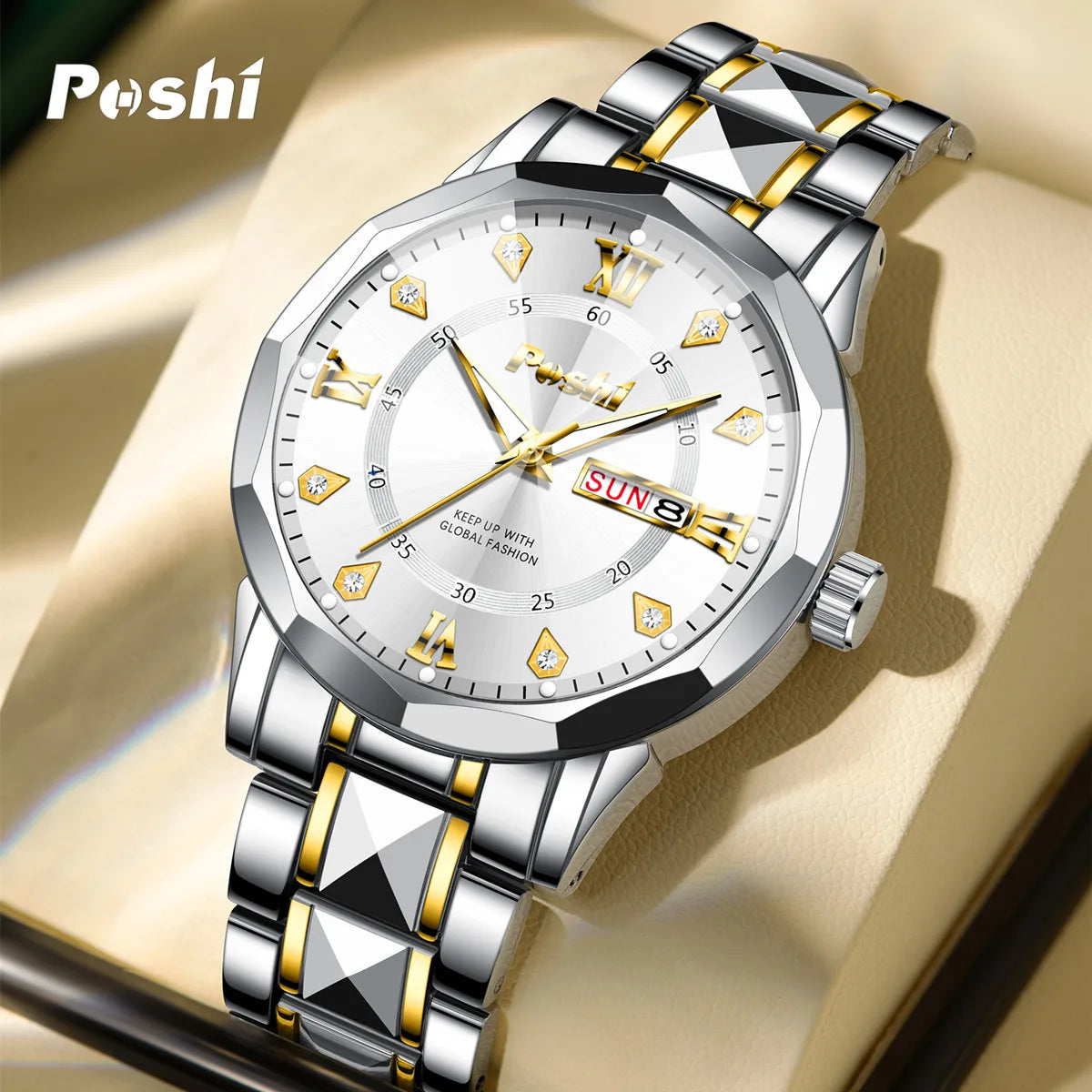 POSHI Men's Watch Date Week Fashion Watch Men Original Waterproof Non-mechanical Luminous Dual Calendar Quartz Wristwatch Brief Boxers