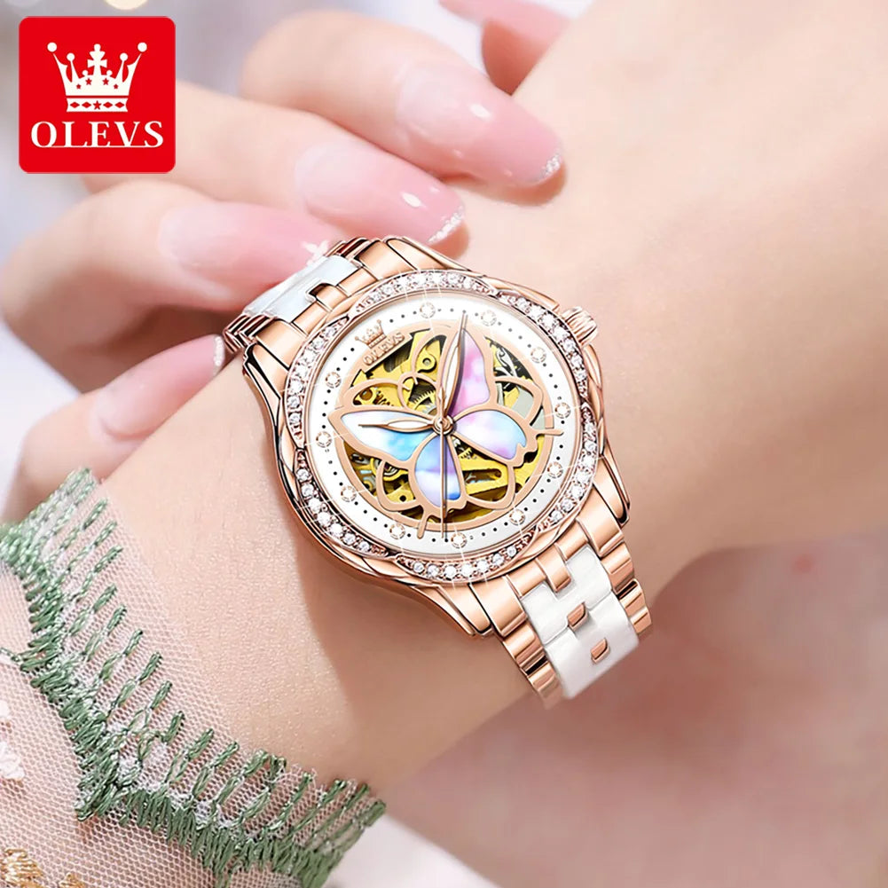 OLEVS 6615 Hollow Dress Mechanical Watch For Women Butterfly Dial Luminous Fashion Wristwatch Deep Waterproof Woman Watches Brief Boxers