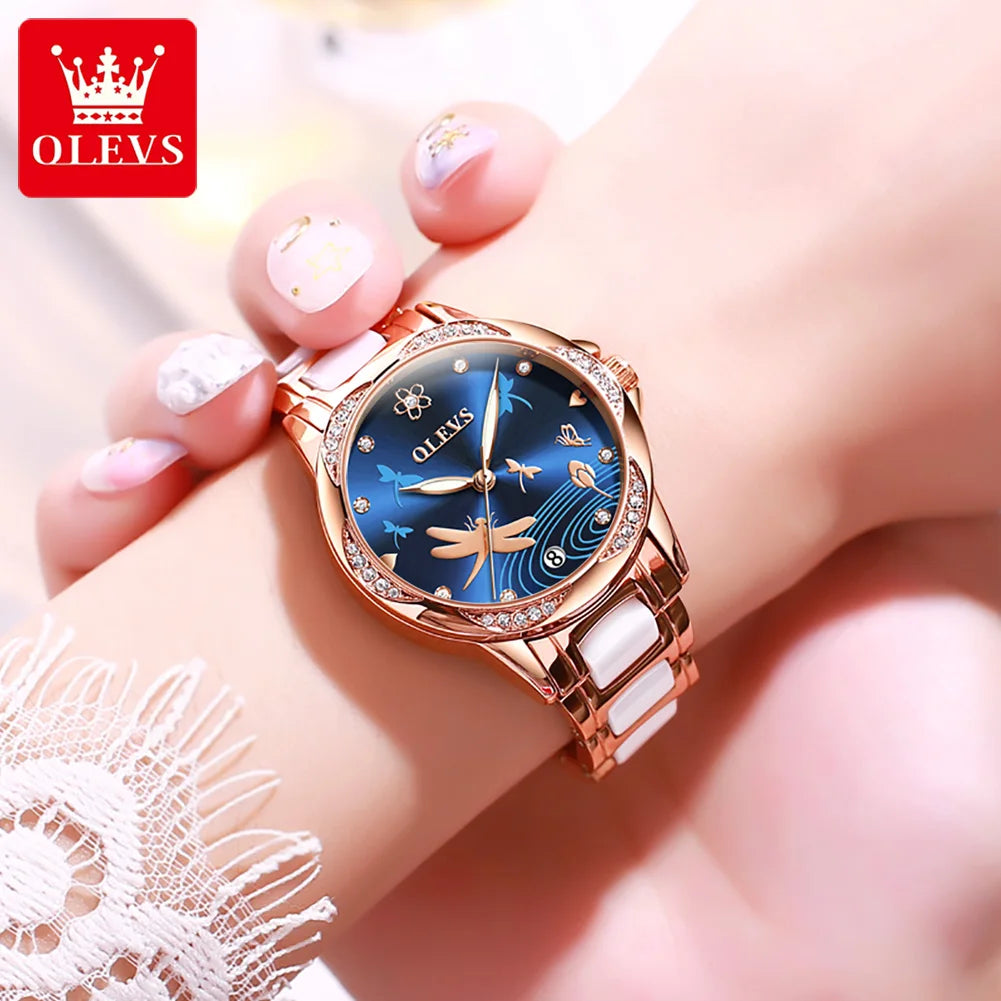 OLEVS 6610 Fashion Top Brand Mechanical Watch For Women Auto Date Ceramic Steel Strap Wristwatch Waterproof Luminous Woman Watch Brief Boxers