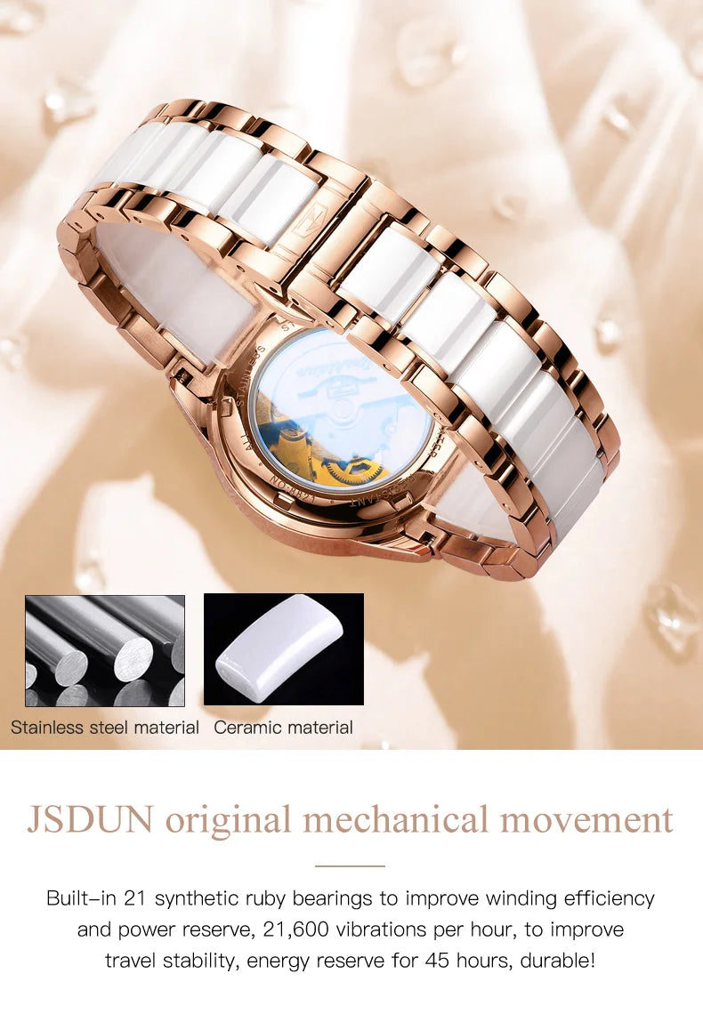 JSDUN 8821 Dual Calendar Mechanical Watch For Women Ceramic Steel Strap Luxury Wristwatch Sapphire Mirror Waterproof Woman Watch Brief Boxers