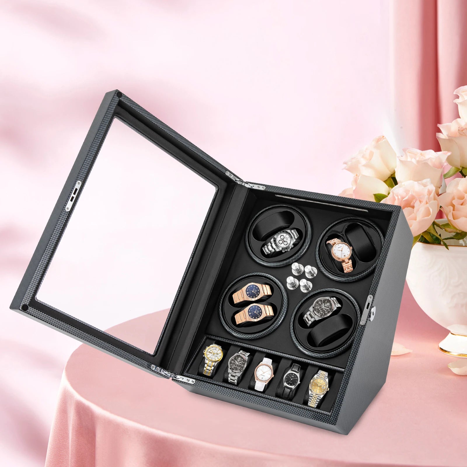 Watch Winder Soft Flexible Watch Pillows Automatic Watch Winder Box 8 Winding Spaces with Built-in Illumination Corded Electric Brief Boxers