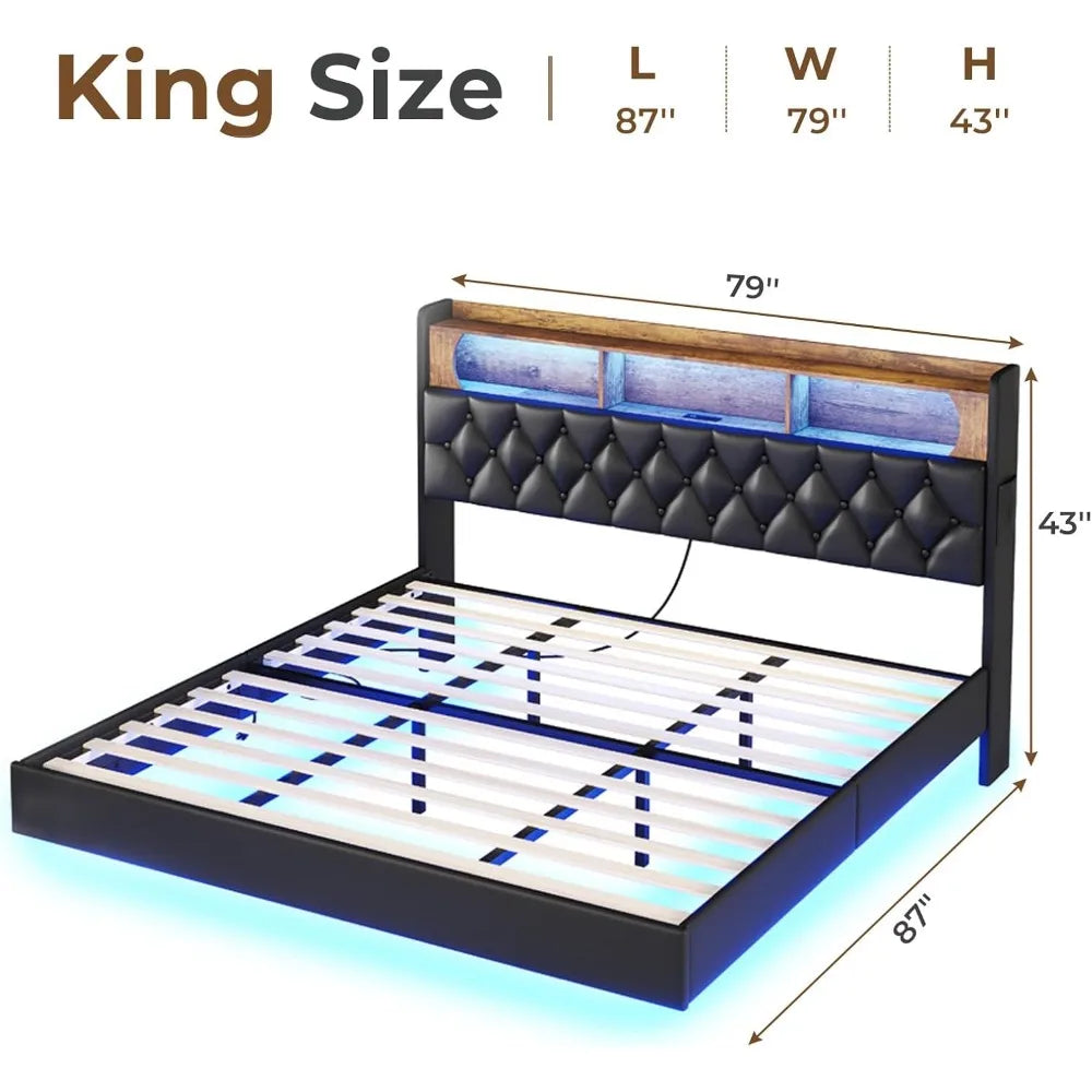 Floating Queen Bed Frame with LED Lights & Storage Headboard, Leather Upholstered Floating Platform Bed with Charging Station