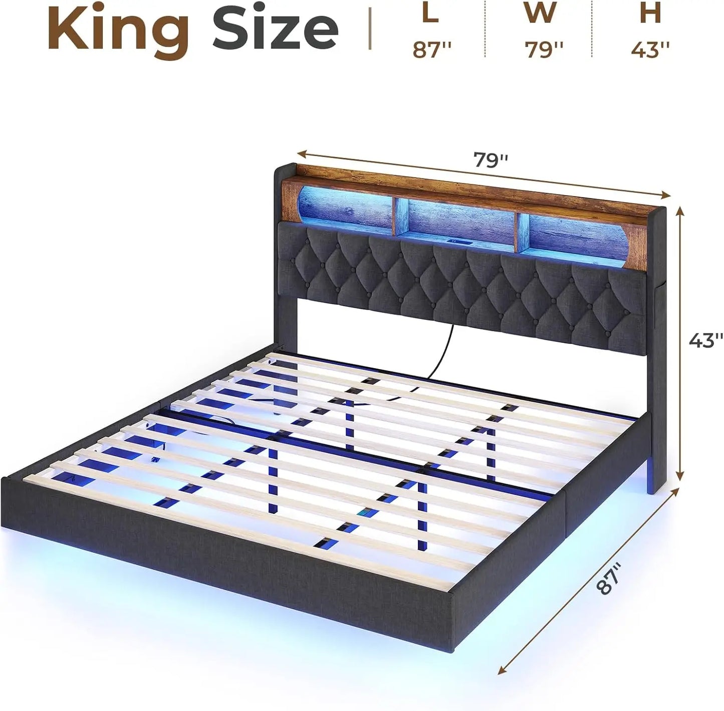 Floating Bed Frame, Floating Platform Bed with Charging Station with LED Lights & Storage Headboard, Modern LED Floating Bed