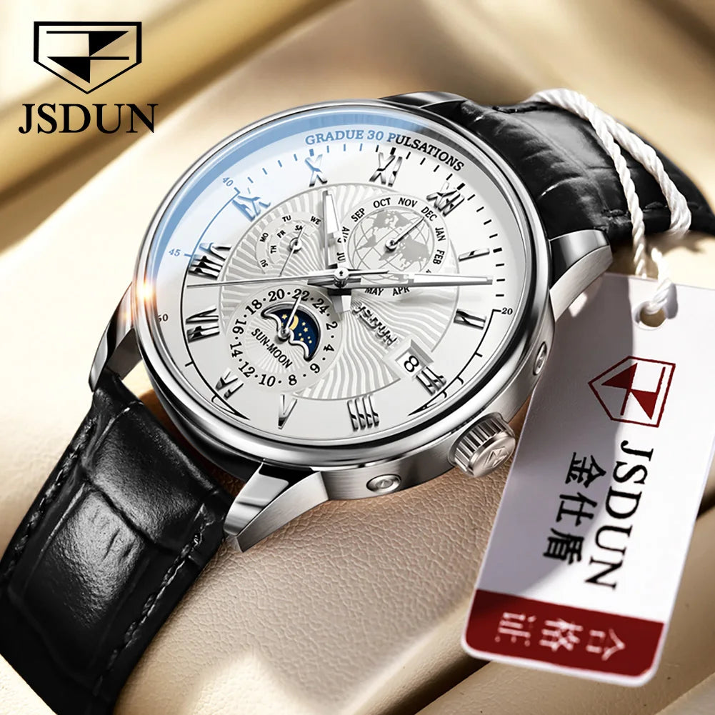 JSDUN 8909 Top Brand Mechanical Watch For Men 24 Hours Display Original Wristwatch Moon Phase Waterproof Classic Man Watches Brief Boxers