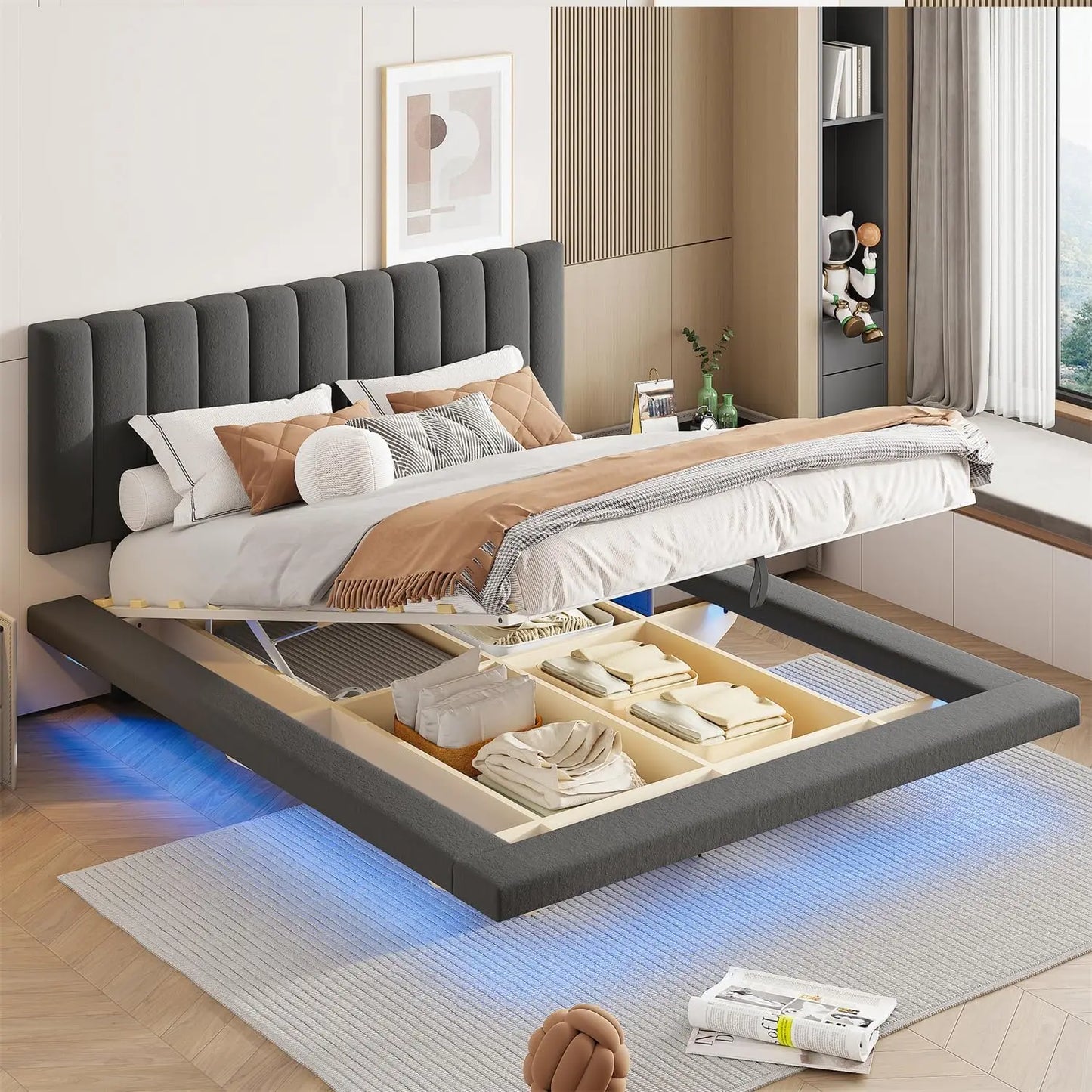 Queen Floating Bed with LED Lights，USB Charging Ports, Velvet Upholstered Bed Frame with Headboard，Hydrualic Storage Bed