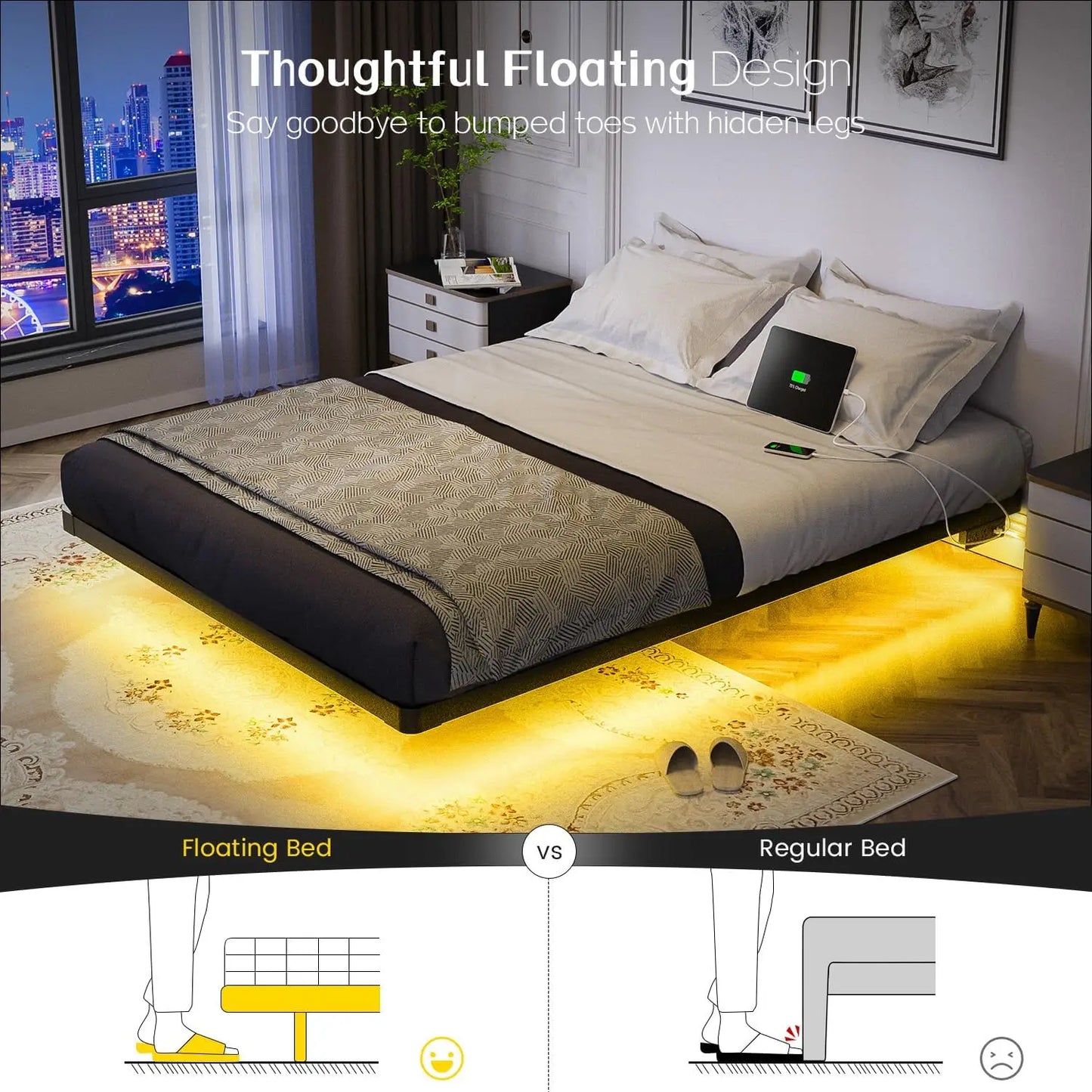 Floating Bed Frame Queen Size with Smart LED Lights and Charging Station - Modern Metal Platform Bed, Easy Assembly